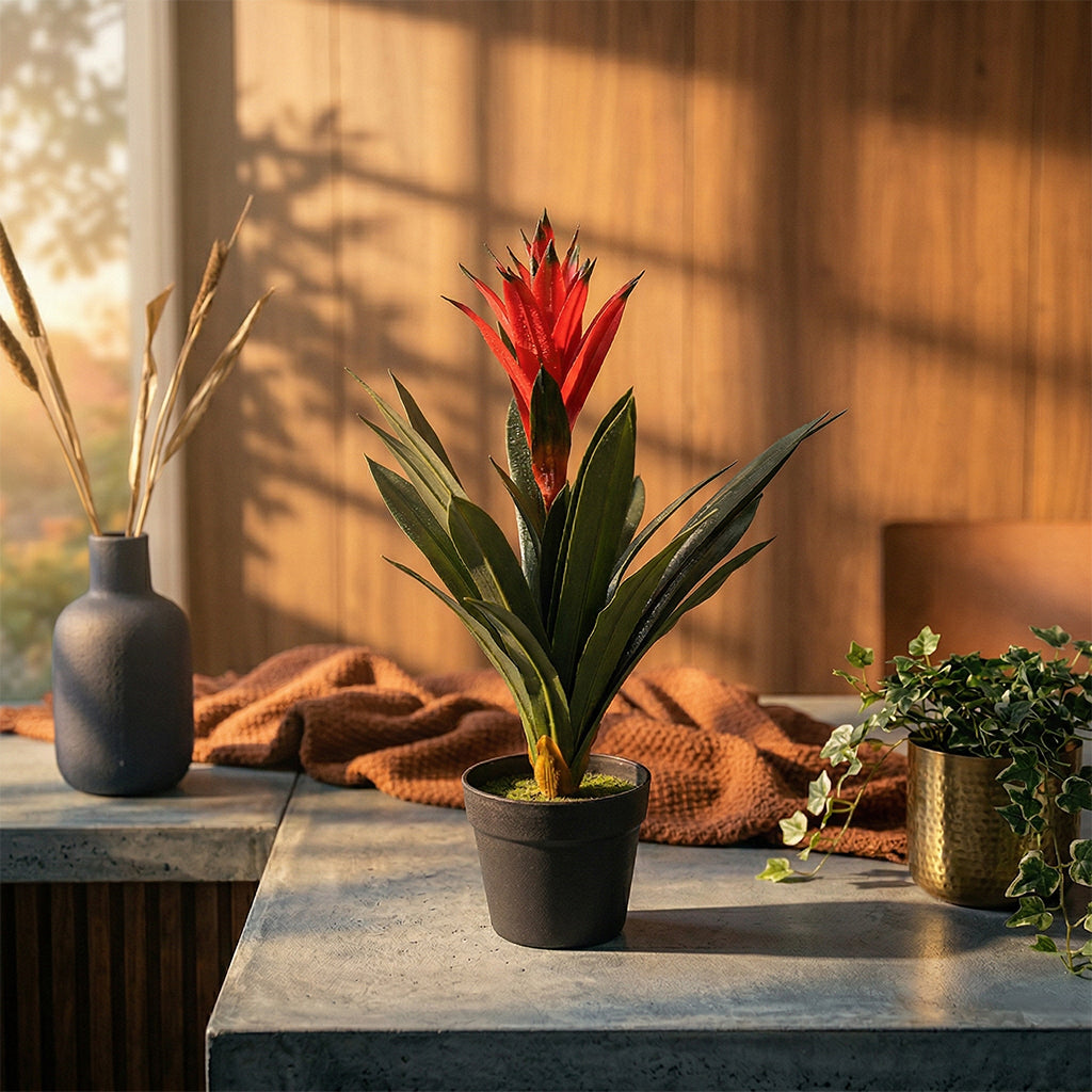 Artificial Guzmania Conifera plant in a 58 cm tall BEACON brand decorative plant display.