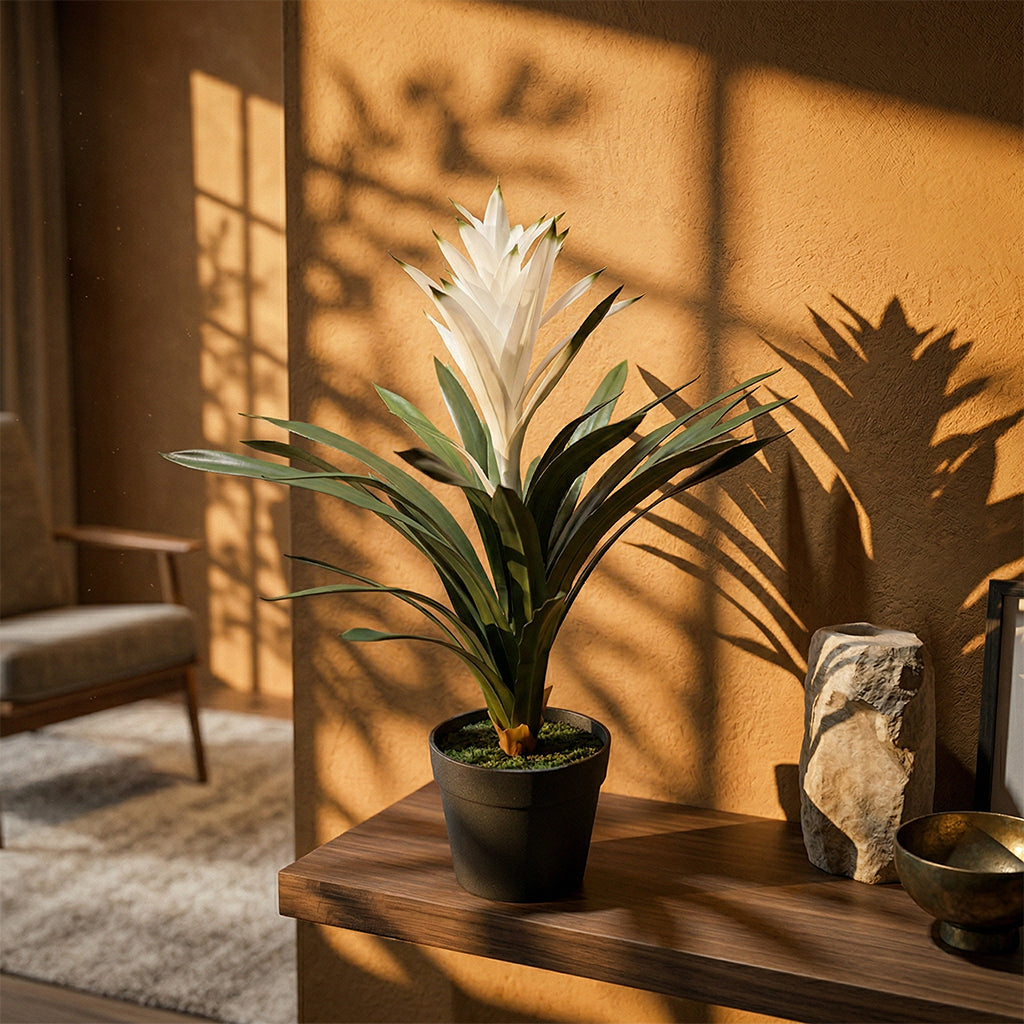 Artificial Guzmania Conifera plant, 61cm tall, from BEACON, featuring vibrant green leaves and colorful flower-like bracts.