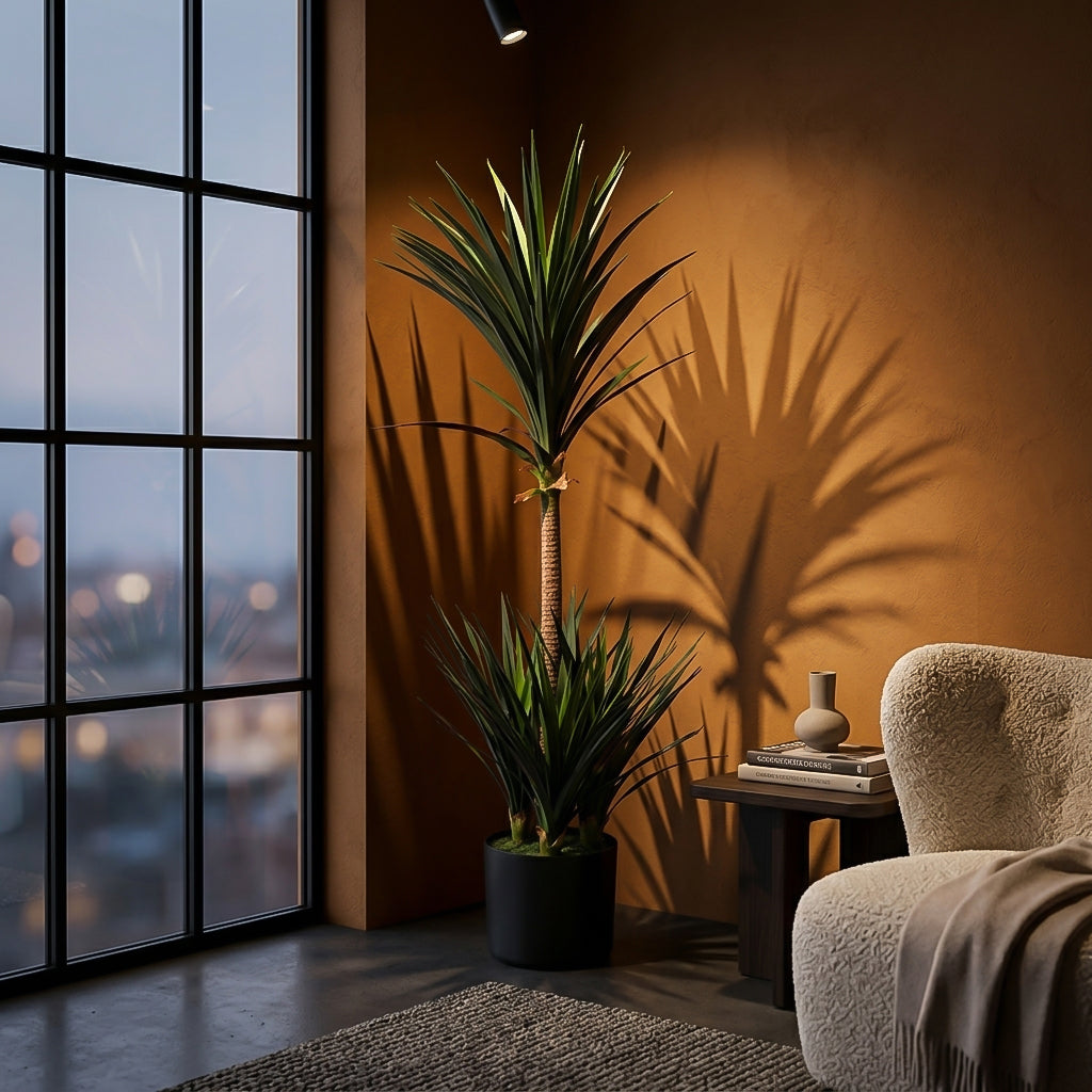 Artificial Dracaena Draco plant, 120cm tall, with lush green leaves, designed for home or office décor by BEACON.