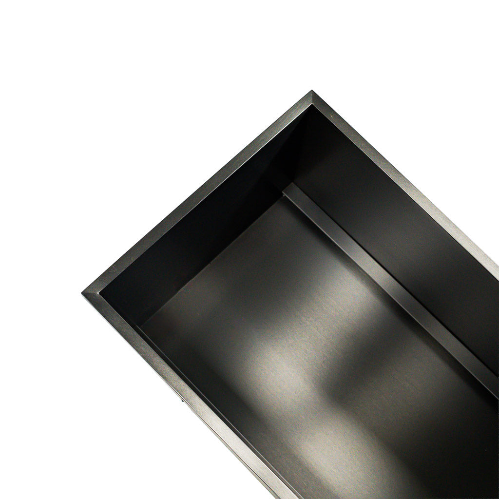 Stainless steel wall panel with light groove design, 20x300cm, black hairline finish, by BEACON for custom niche applications.