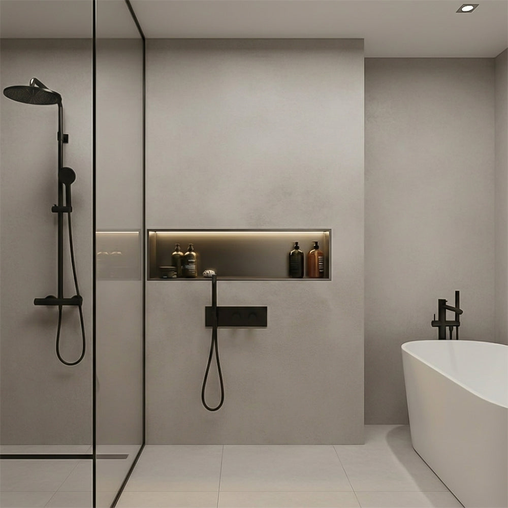 Stainless steel wall panel with light grooves, 80x20 cm, black hairline finish, custom niche by BEACON for modern interior design.