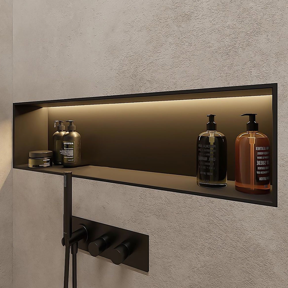 Stainless steel wall panel with light grooves, 80x20 cm, black hairline finish, by BEACON, ideal for architectural interior design.