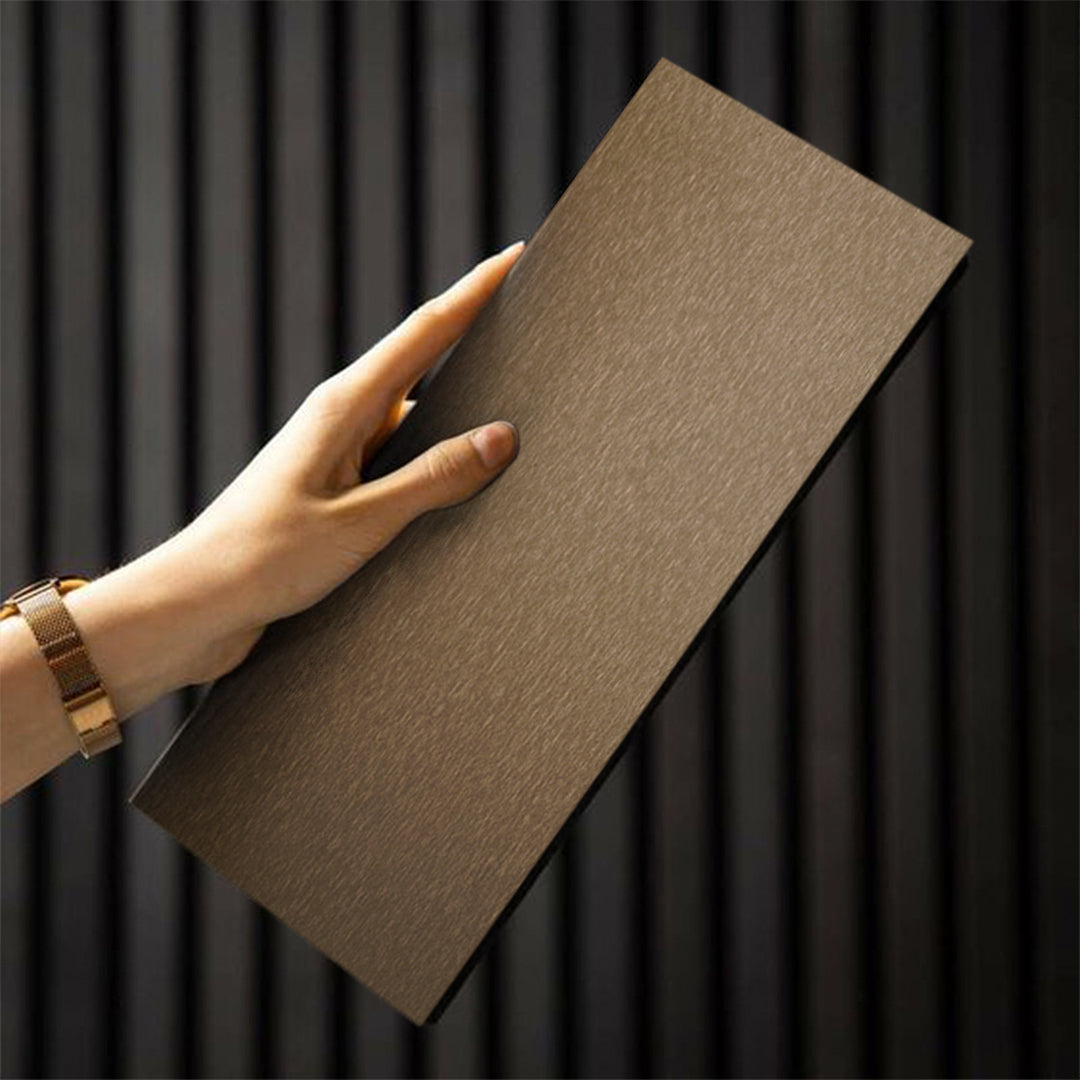 WPC slat multipurpose wall panel sample in brown by BEACON, 350x24 cm, 4-side wrapped, for interior wall decoration.