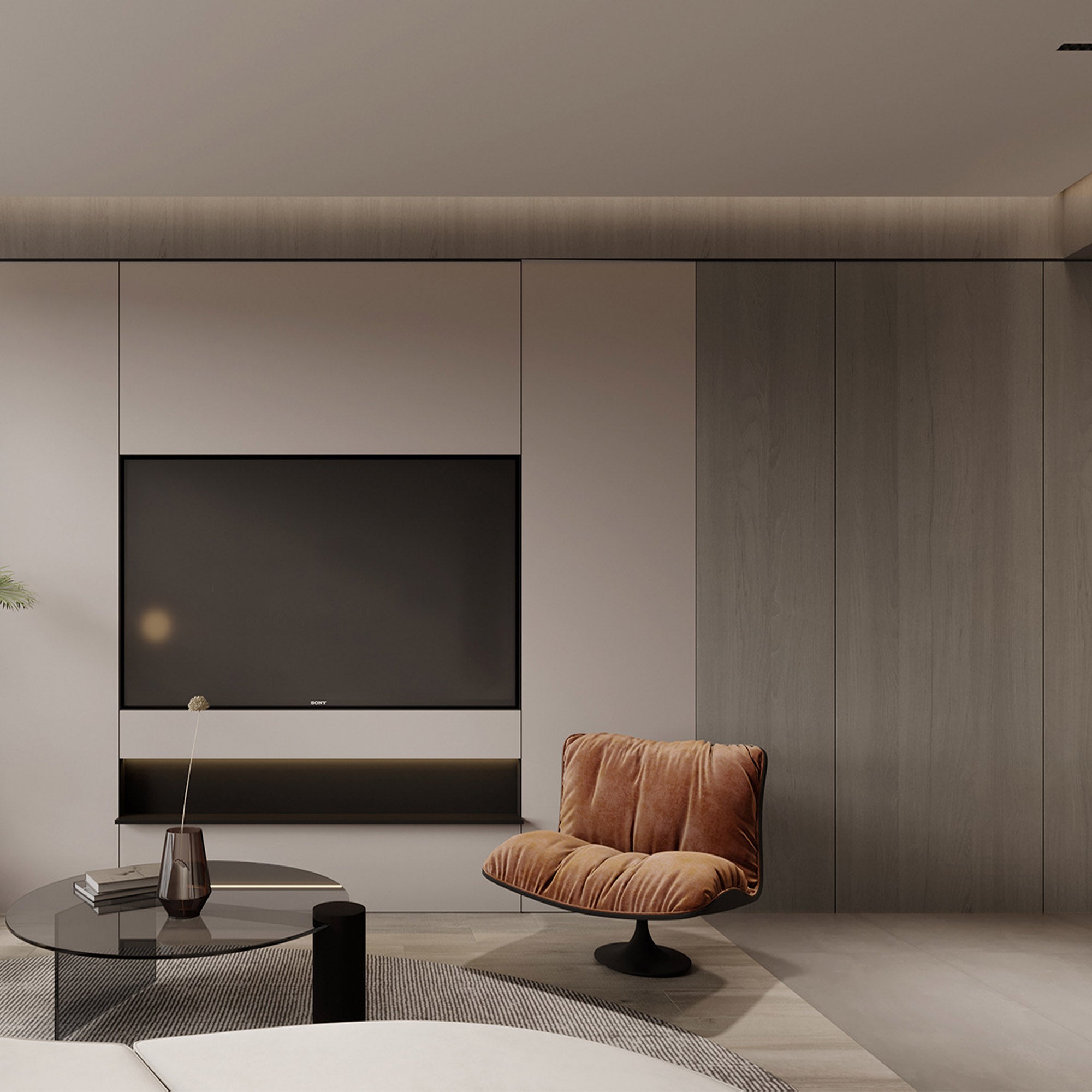 Sample of BEACON WPC slat multipurpose wall panel in Manhattan Grey Oak, 350x24cm, with 4-sided wrapped design.