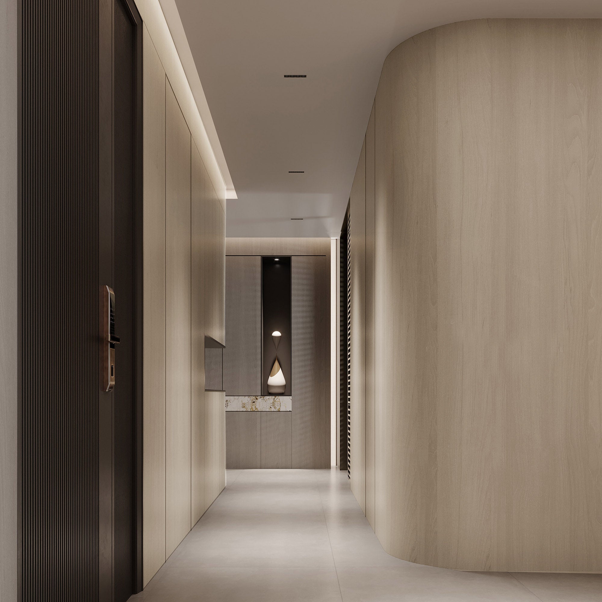 WPC slat multipurpose wall panel sample in Baikal Walnut color, 350x24cm, 4-side wrapped, by BEACON for interior decoration.