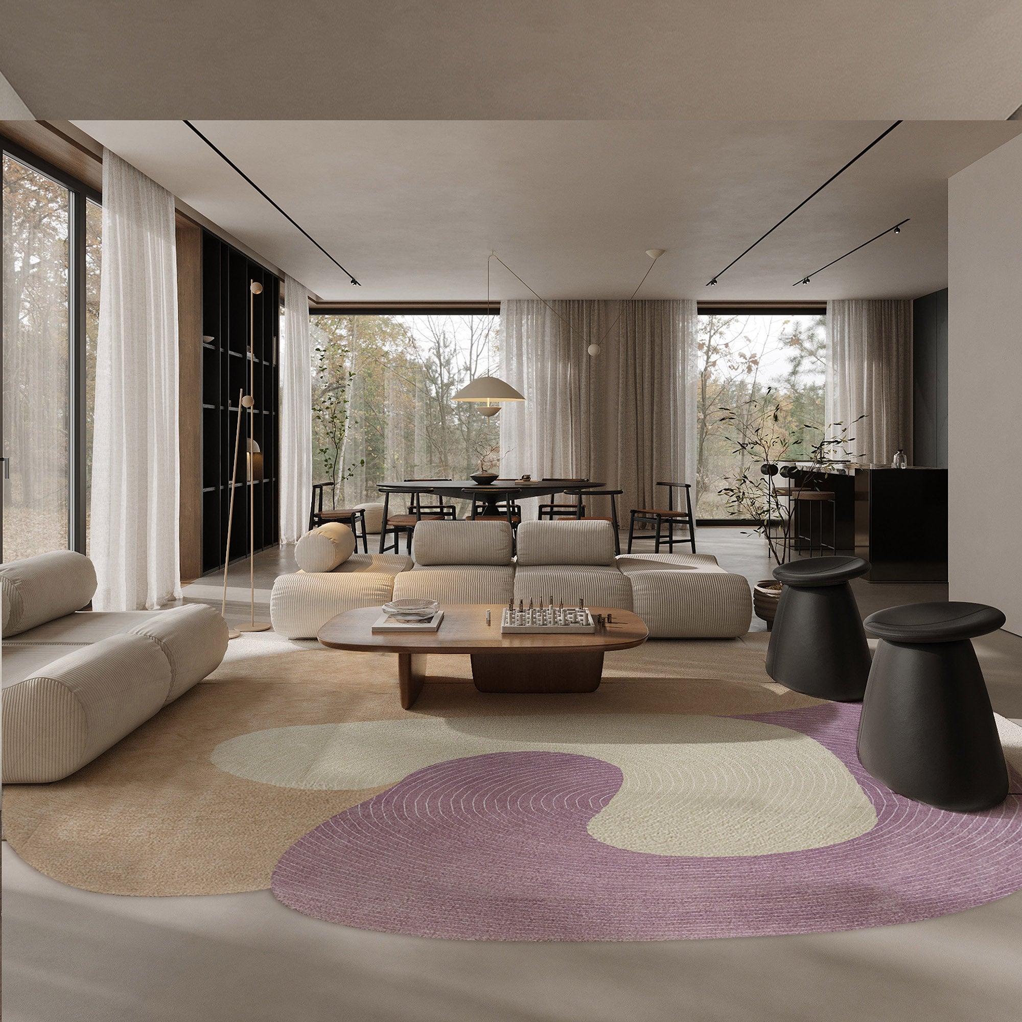 Beige, brown, and pink wool rug measuring 350x100 cm by Javi, featuring a soft textured surface and decorative pattern.