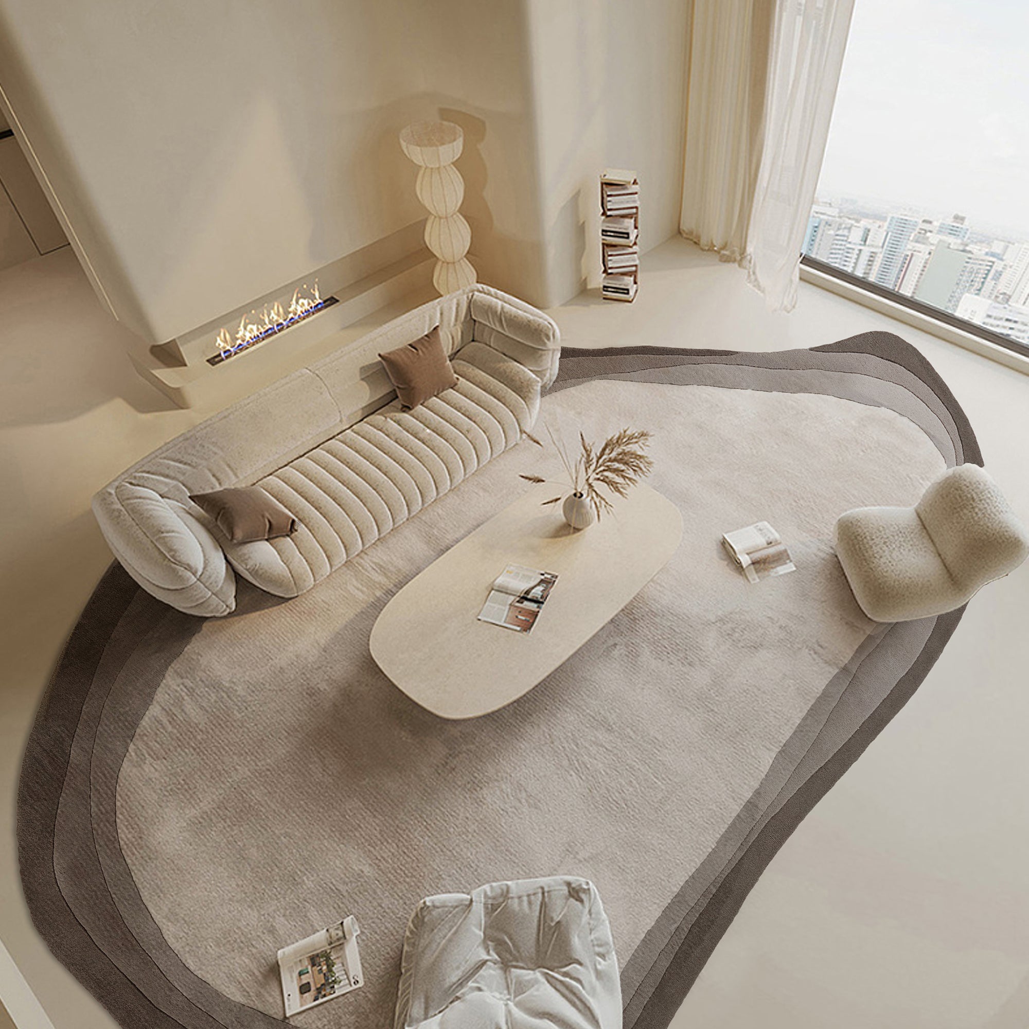 Javi 350x250 cm cobblestone path rug in wool beige, dark beige, and brown with textured pattern.