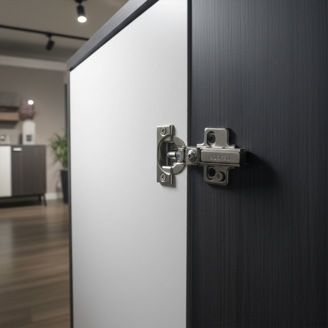 BEACON 35mm cup two-way soft-closing hinge for half overlay cabinets, showing metal hinge with mounting plate.