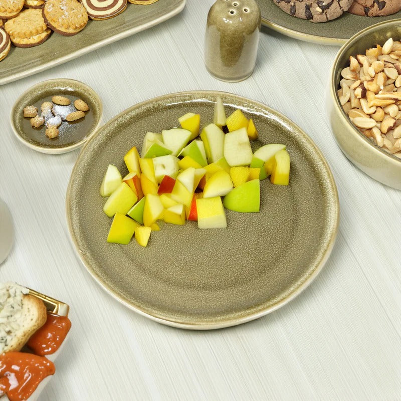 39-piece Browny dinnerware set by BEACON, includes plates, bowls, and mugs in warm brown ceramic for elegant dining.