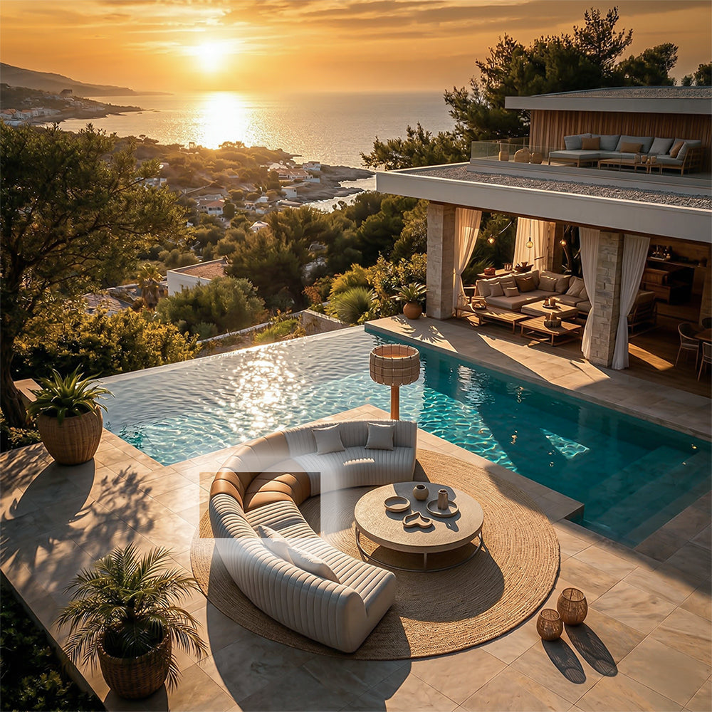 BEACON Duna outdoor sofa center model LT-E-01BR with a matching side table in a modern outdoor lounge setting