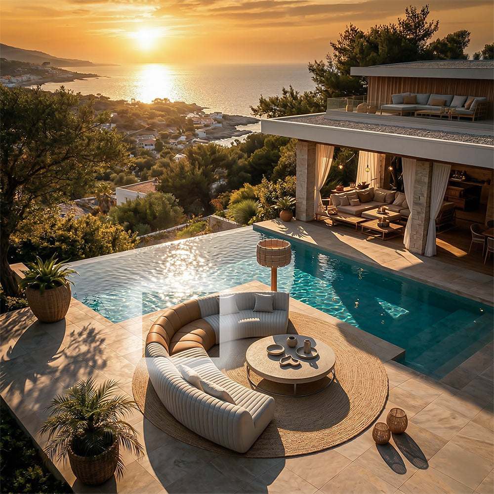 BEACON Duna Corner Outdoor Sofa with fabric cushions, featuring a modern outdoor lounge setup with plush seating and stylish design.