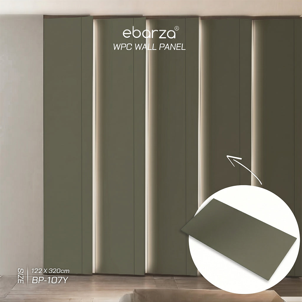 Olive Drift WPC wall panel with BB stitching and film folding, 122x320cm, decorative wall panel by BEACON.