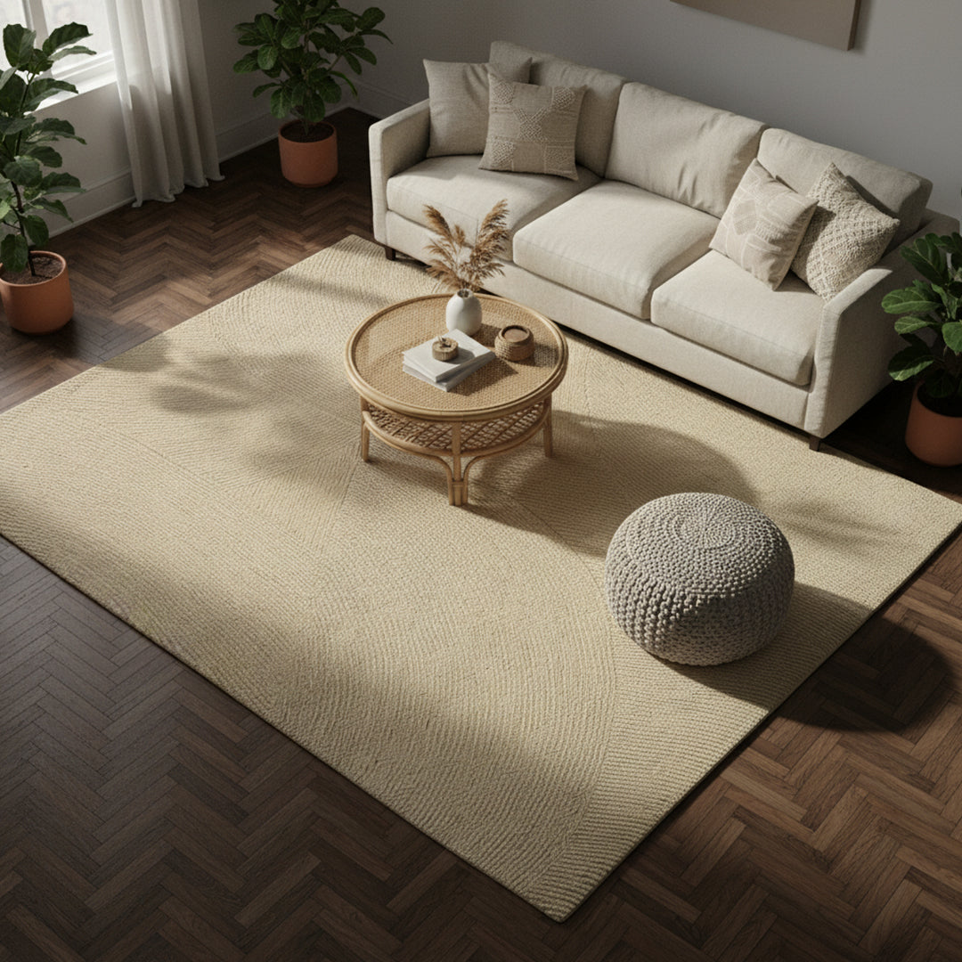 Beige wool rug measuring 450x300 cm from Javi, with a soft textured surface and elegant design.