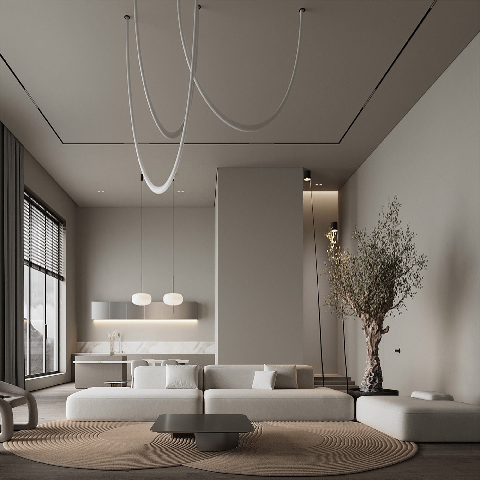 450x350 cm Echoes Wool Gray Rug by Javi, showcasing soft wool texture and modern design in a spacious room setting.