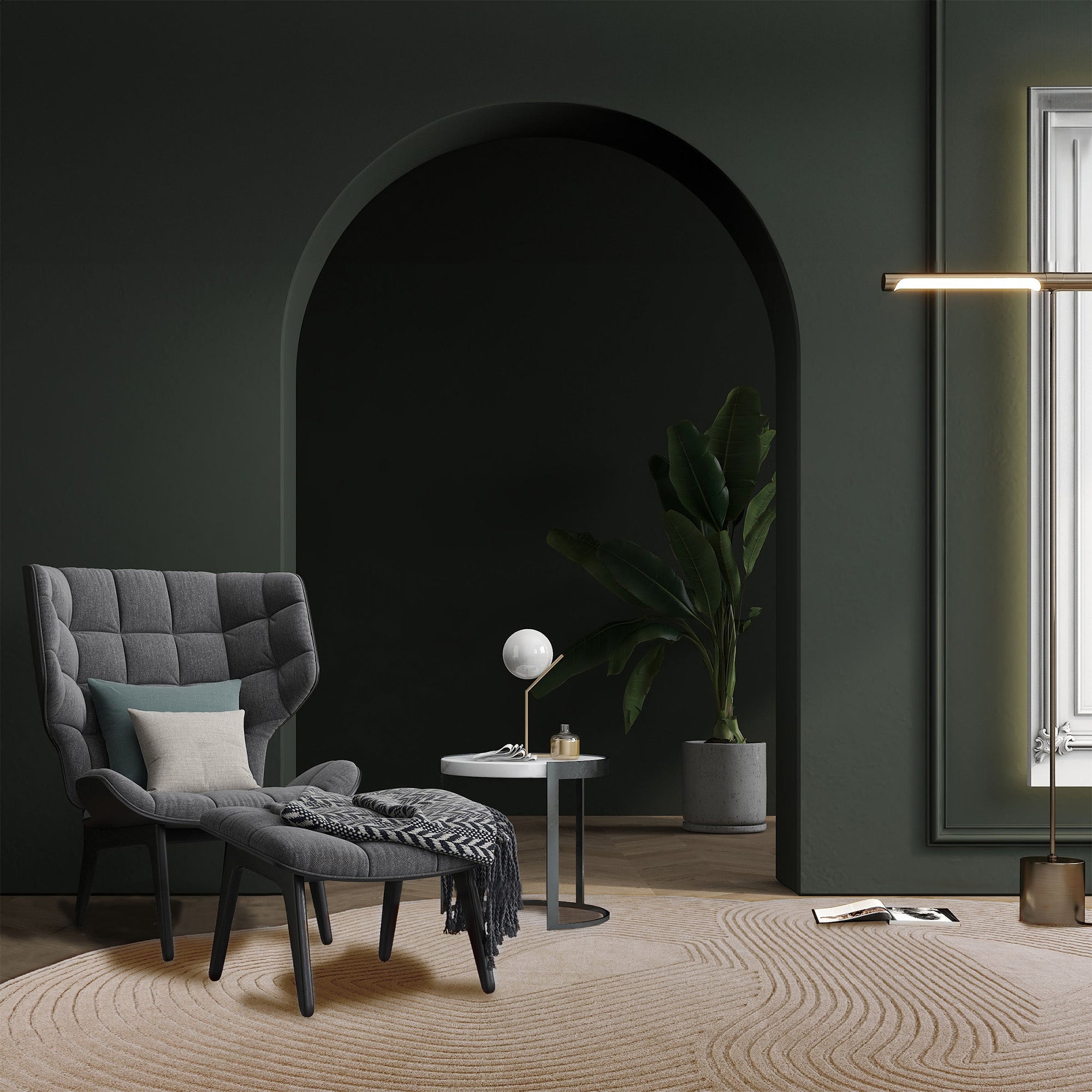 450x350 cm Echoes Wool Gray Rug by Javi, showcasing soft wool texture and modern design in a spacious living area.