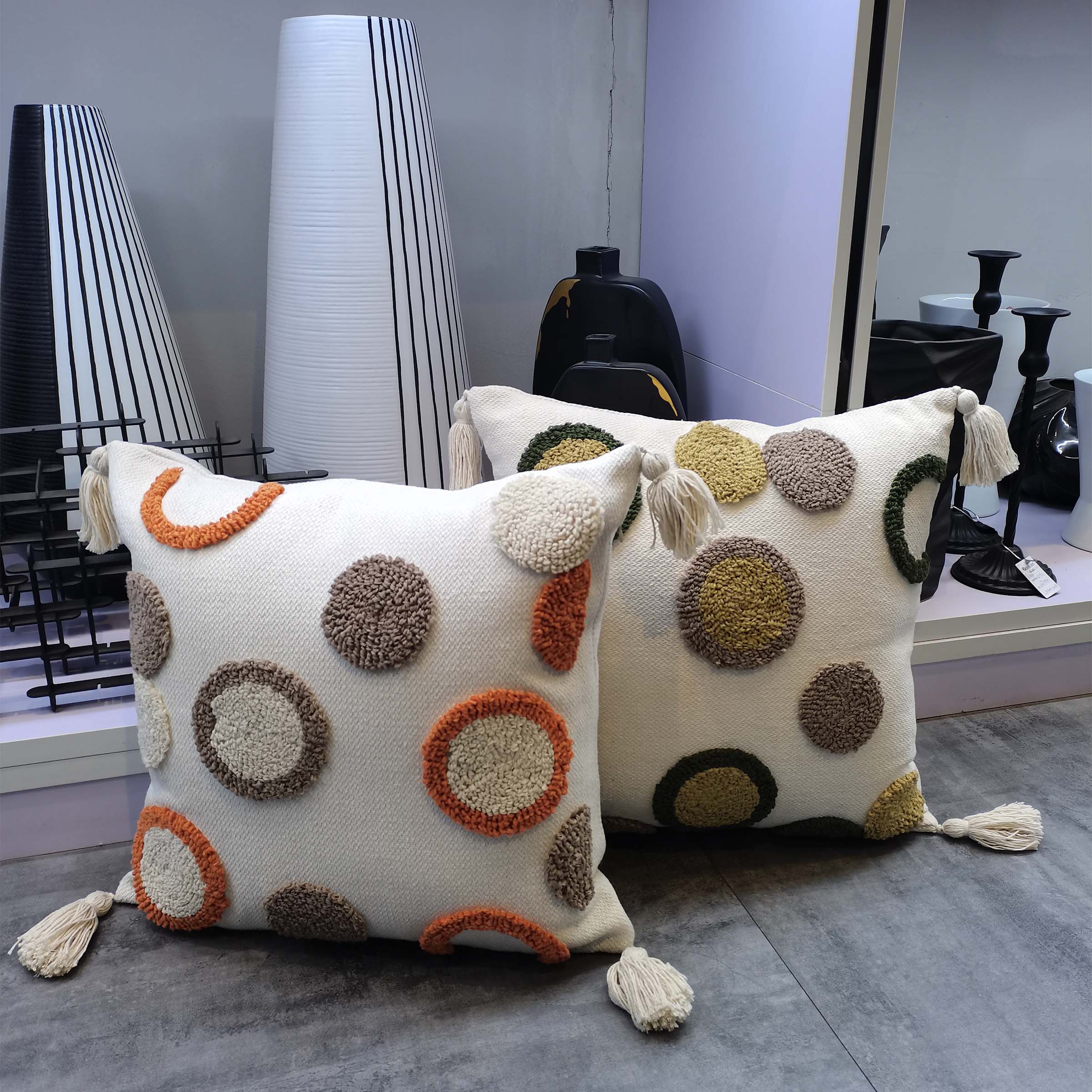 Grey and white 45x45 cm dot tufted cotton cushion by BEACON, featuring a soft, textured design for home decor.