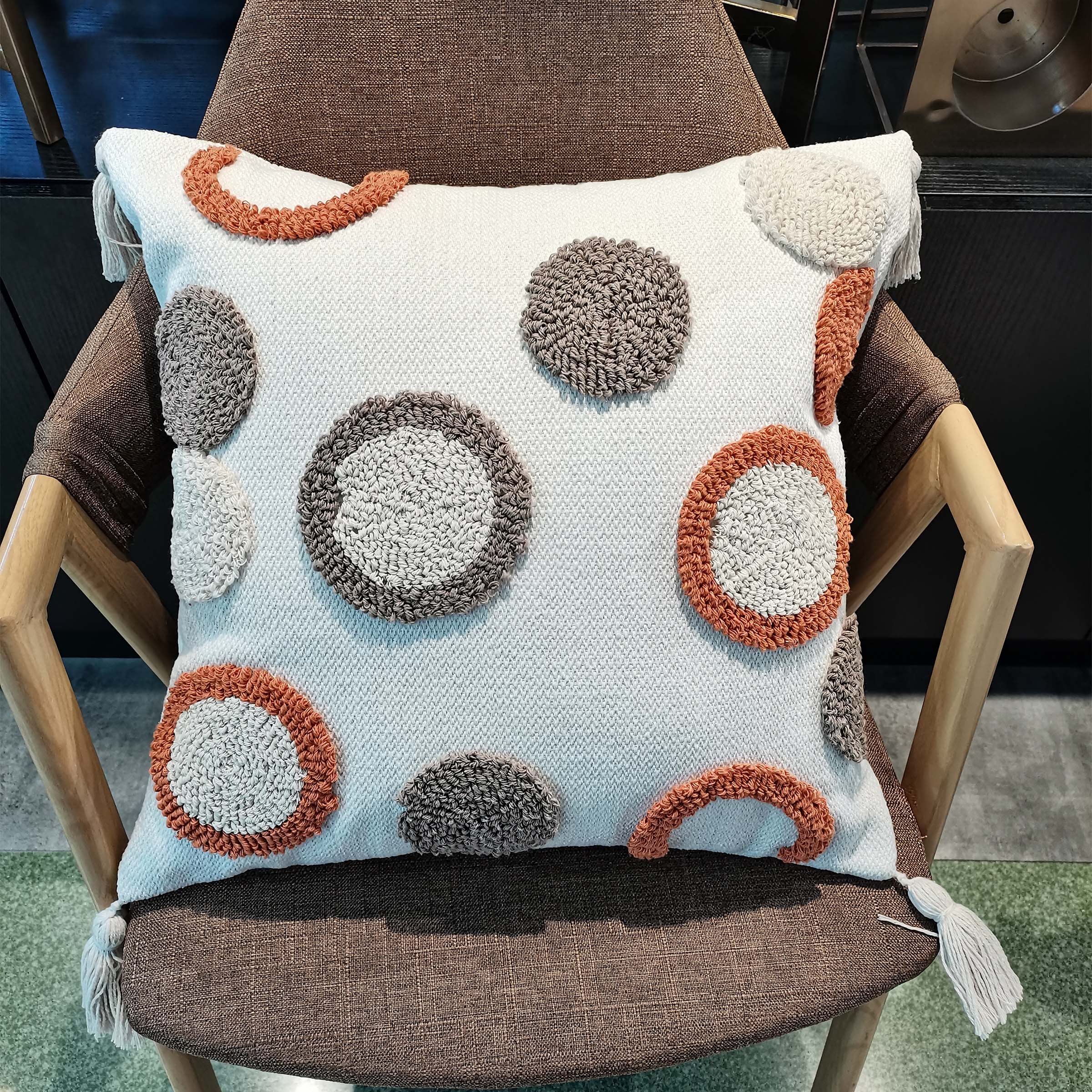 Grey and white 45x45 cm dot tufted cotton cushion by BEACON, perfect for sofa or bed décor.