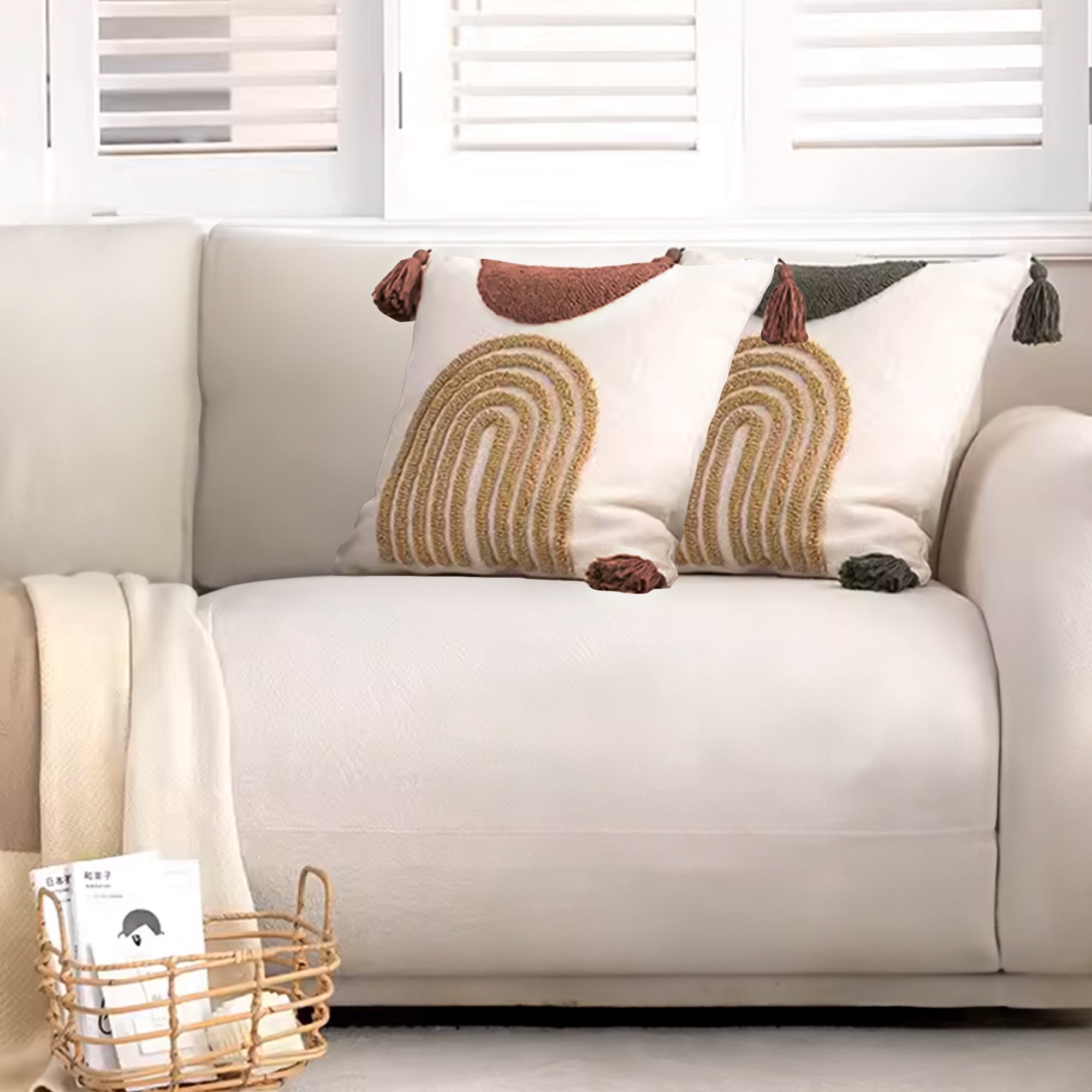 Semi-circle white cotton cushion with green and white tufted design, 45x45 cm, from BEACON brand for comfortable home decor.