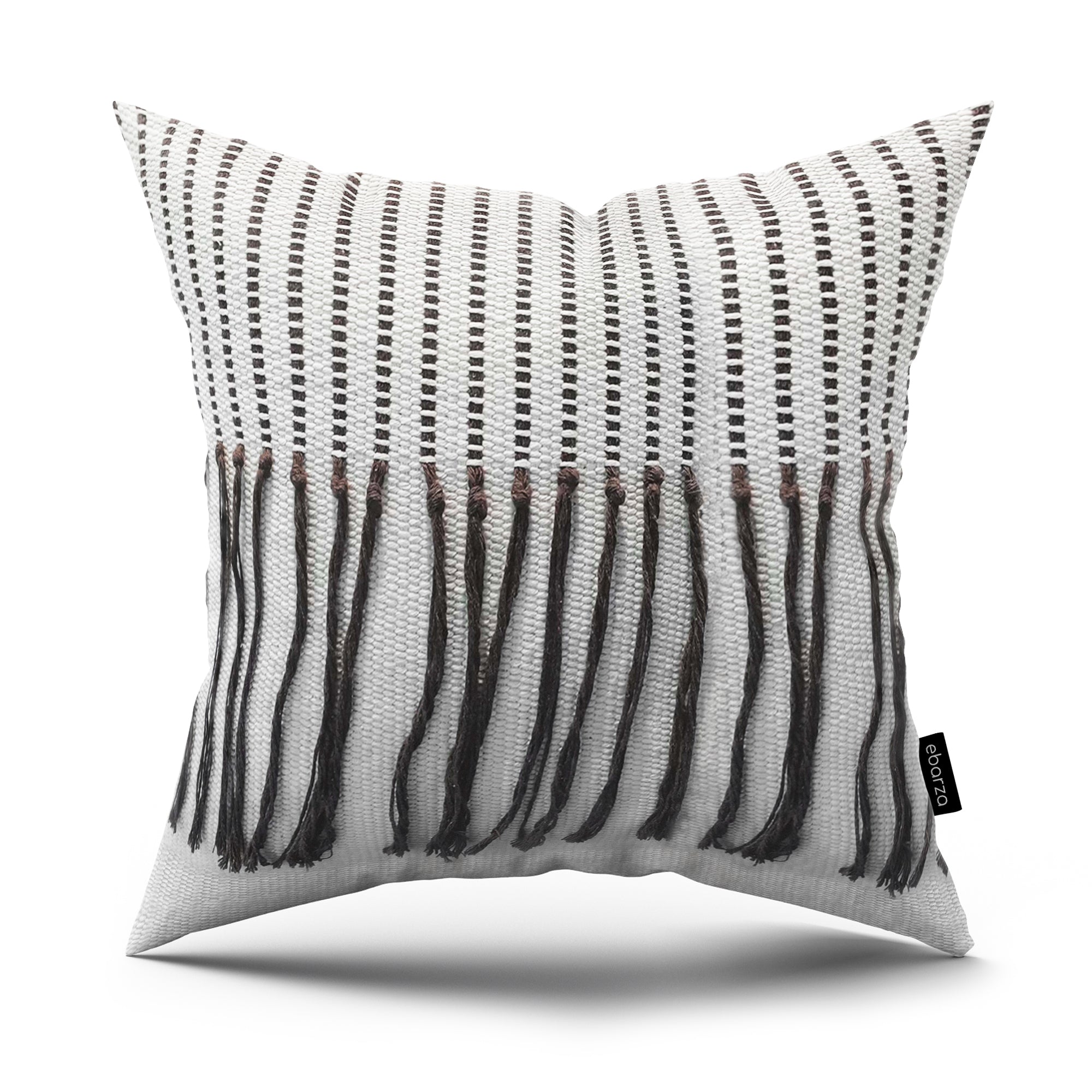 White and brown 45x45 cm tassel cushion by BEACON featuring decorative tassels and soft fabric for cozy home decor.