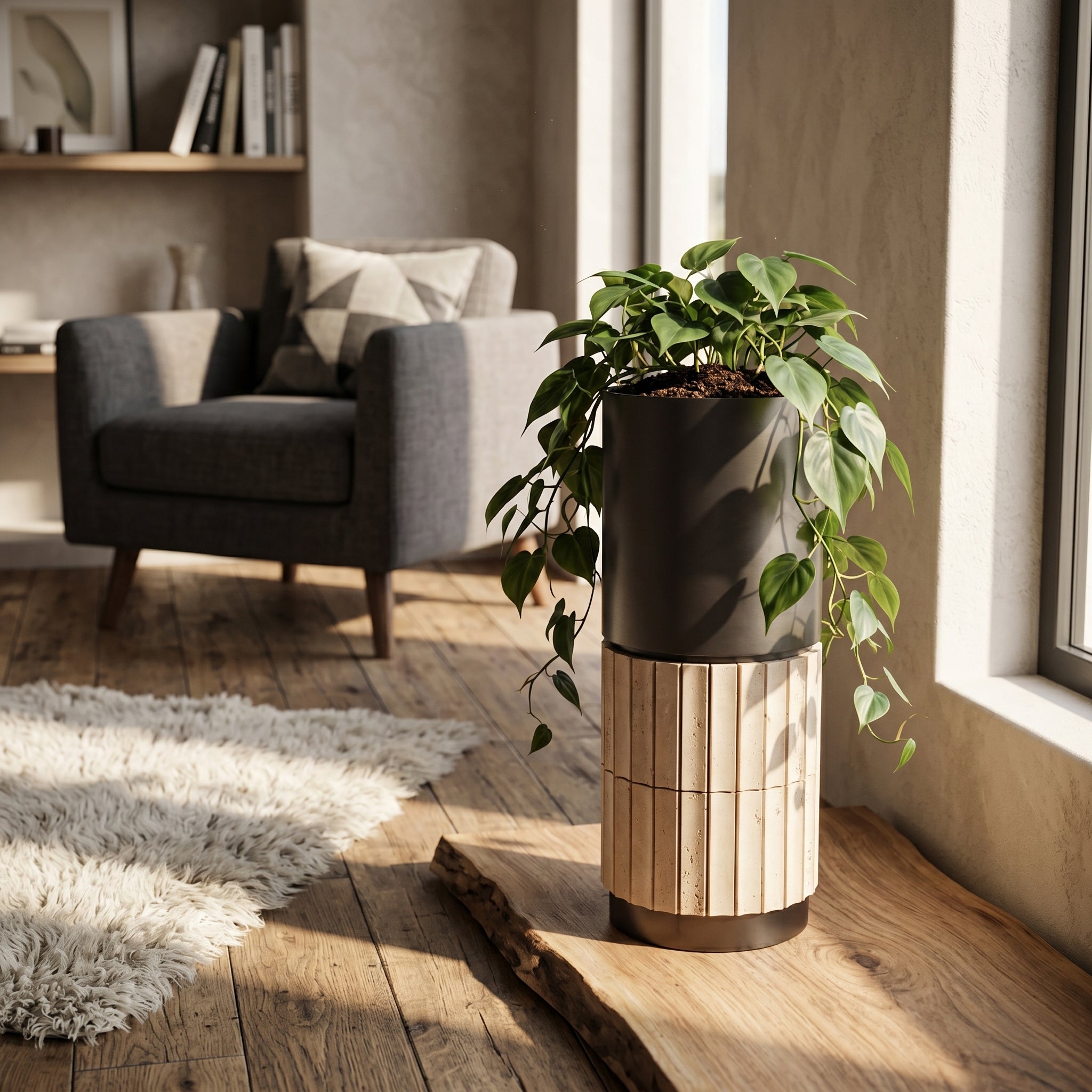 Ebarza Urban Terra Cylinder Planter Box DBM02002 with JM250671, modern outdoor planter box in earthy tones, suitable for garden or patio.