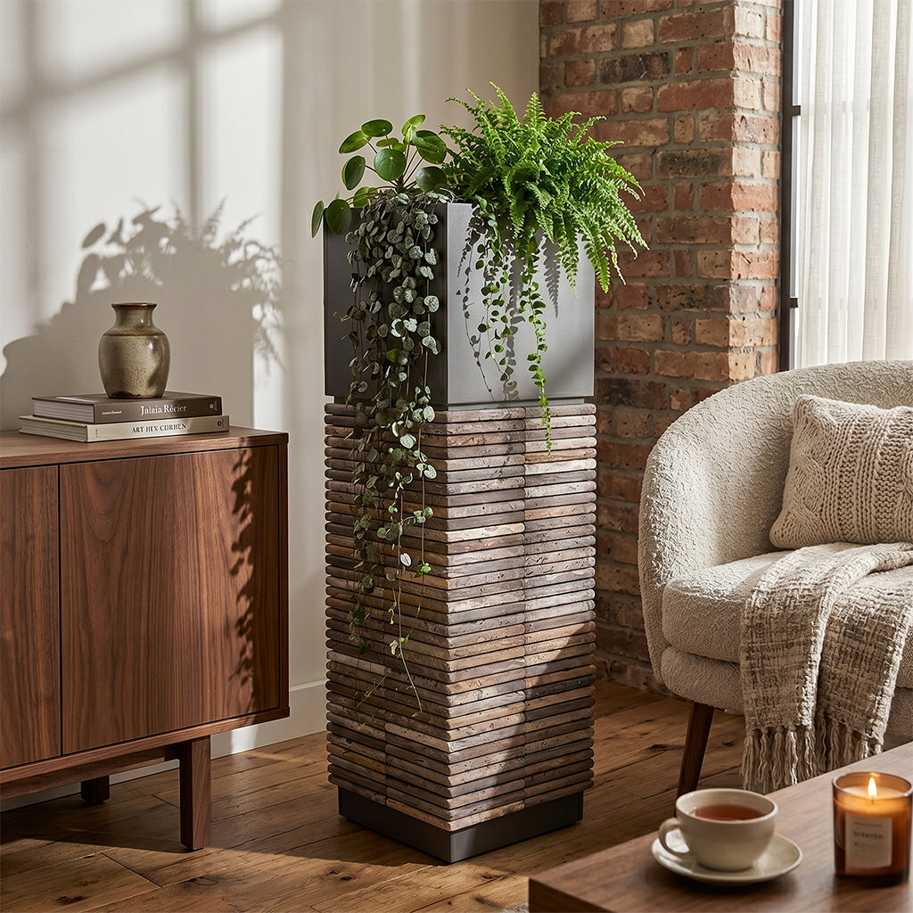 Tall Marl pedestal square planter box by ebarza, showcasing a modern design for indoor or outdoor plant display.