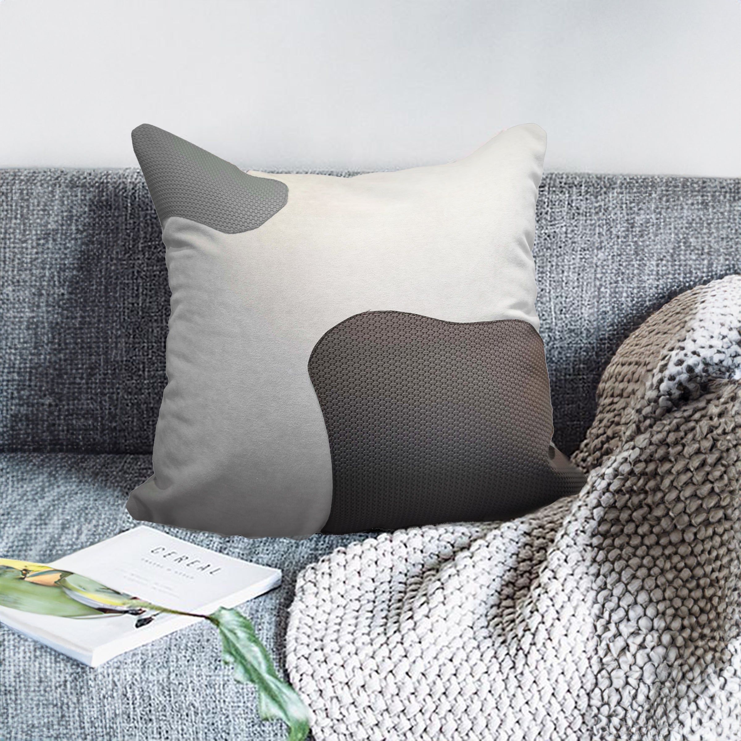 Grey and white patchwork cushion, 53x53cm, by Beacon, featuring a stylish rectangular design perfect for home decor.