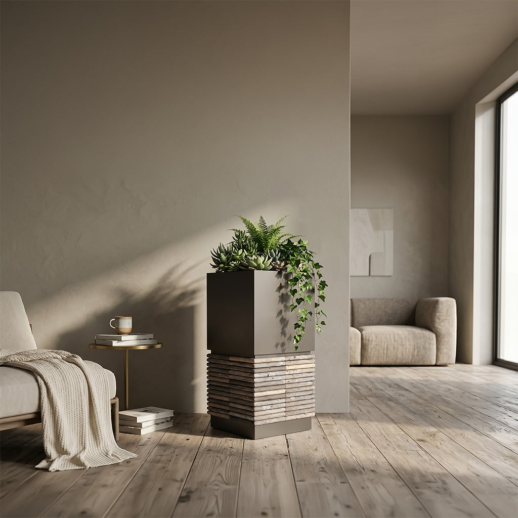 BEACON 304ss custom square planter box DBM02001 made of stainless steel, shown in a natural outdoor setting.
