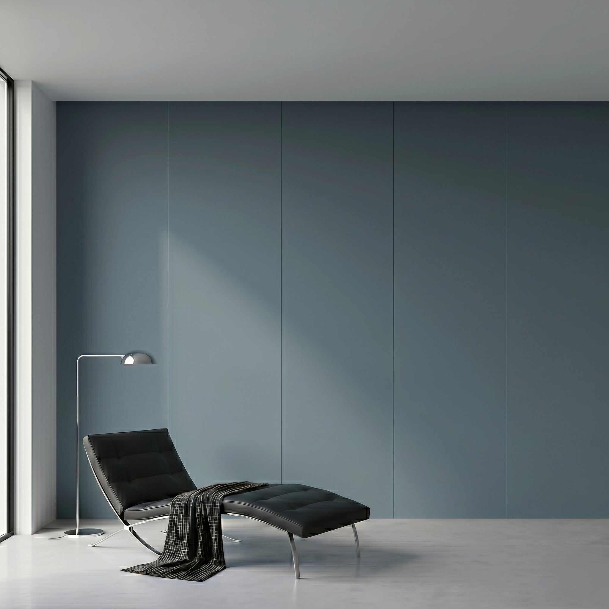 Sky blue WPC wall panel with BB stitching and film folding, ideal for decorative wall paneling in interior spaces.