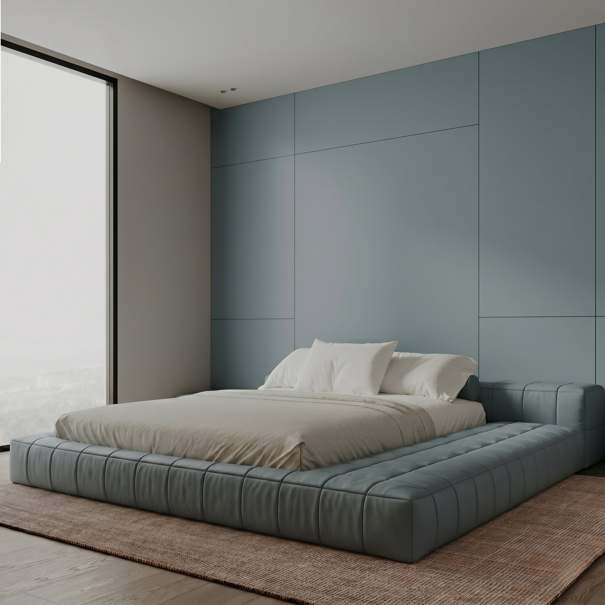 Sky blue WPC wall panel with BB stitching and film fold design, ideal for decorative wall applications, by BEACON.
