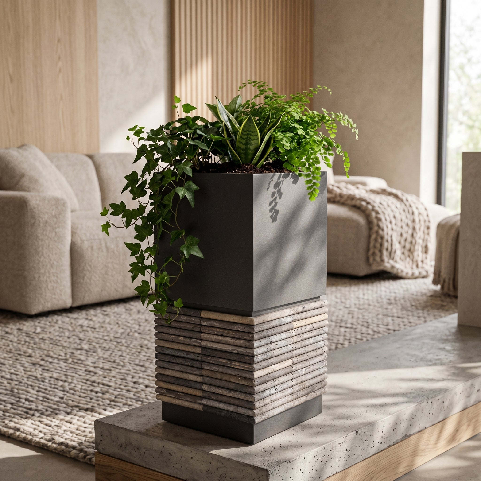 BEACON 304ss custom square planter box DBM02001 made of stainless steel, shown in a natural outdoor setting.