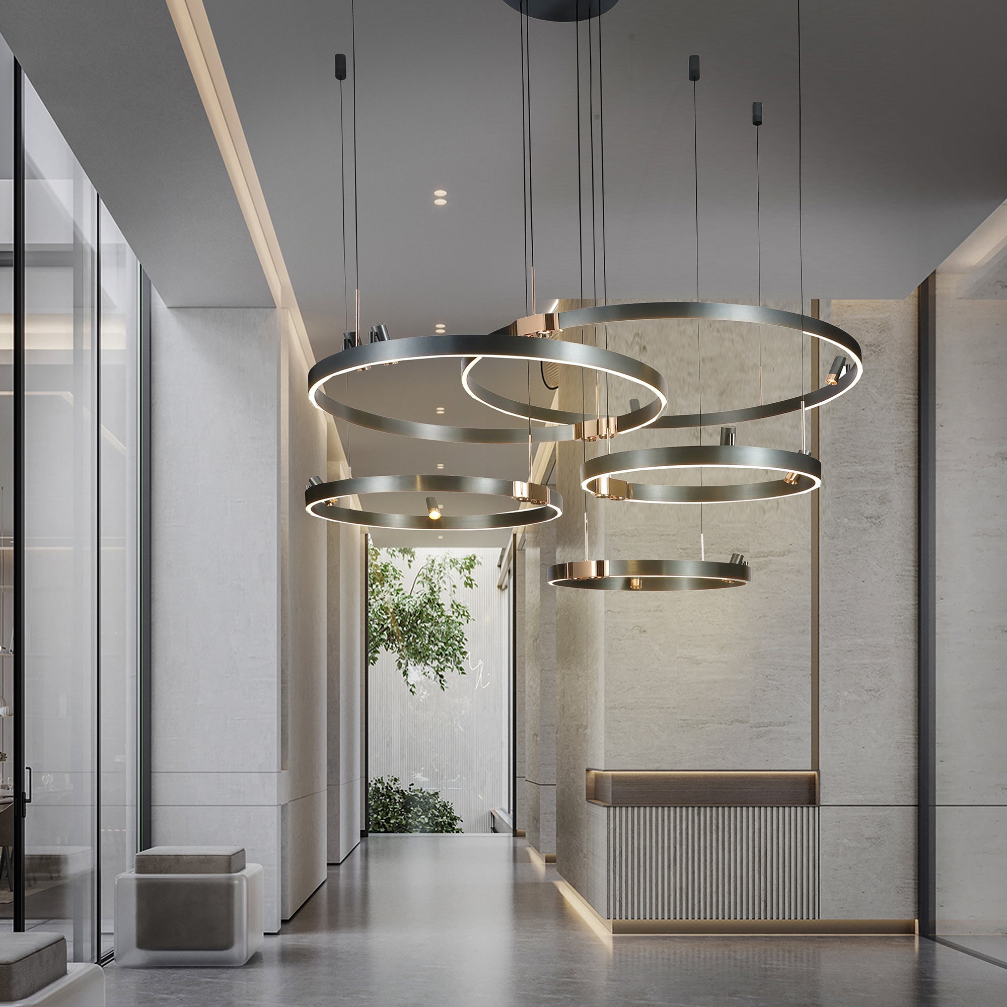 Set of 5 YNDDG pendant lamps with a modern ring design, featuring smart lighting features in a stylish ceiling fixture.