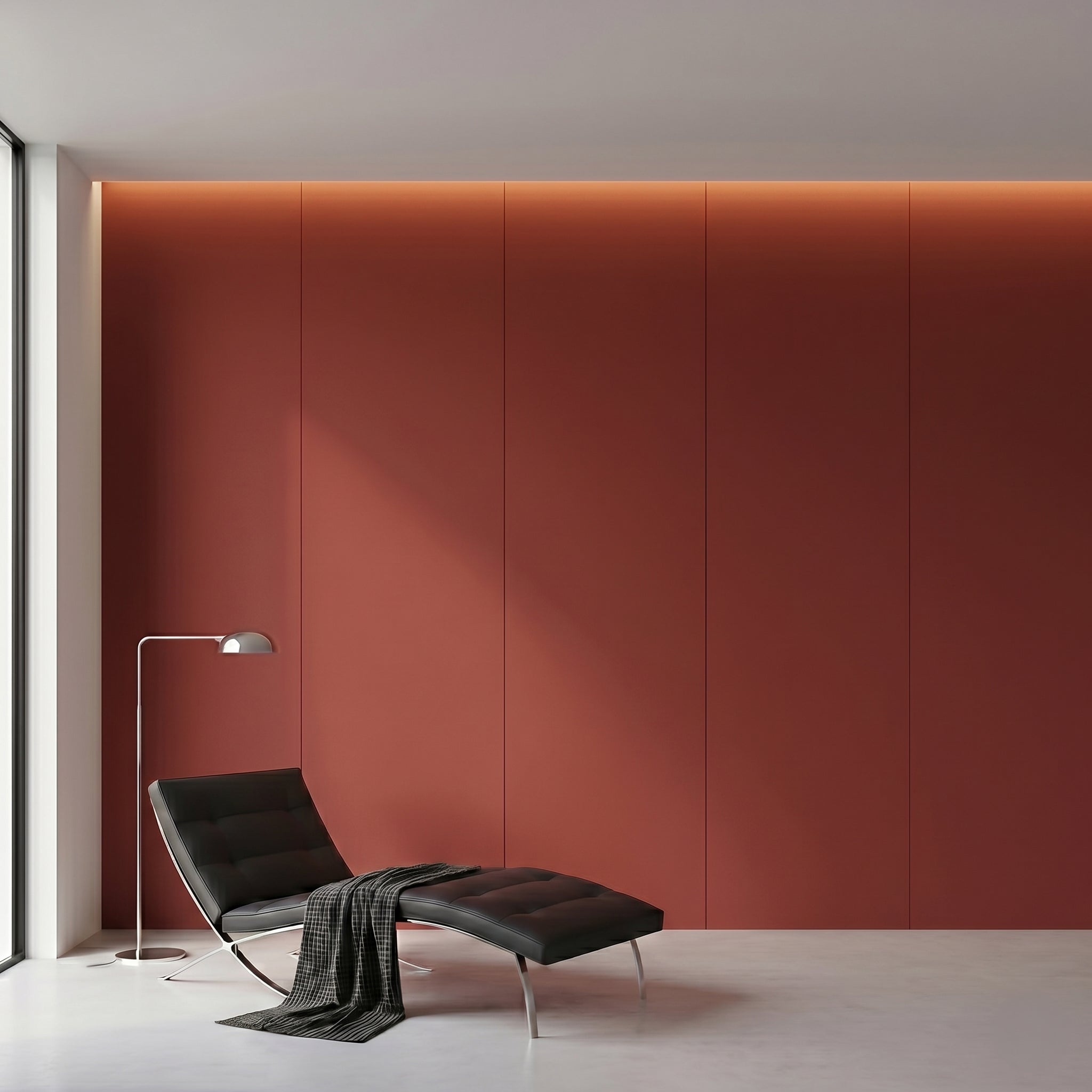 Sunlit red WPC wall panel with BB stitching and film folding, 122x320cm, from BEACON decorative wall panel collection.