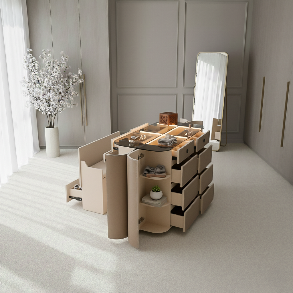 Valmont Center Island Dresser with Bench by BEACON, featuring a modern cabinet design with a matching seating area in a stylish setting.