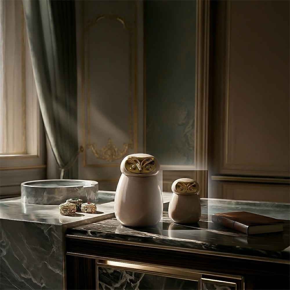 Owl-shaped ceramic jar vase by BEACON, featuring a detailed owl design and smooth finish, perfect for home decor.