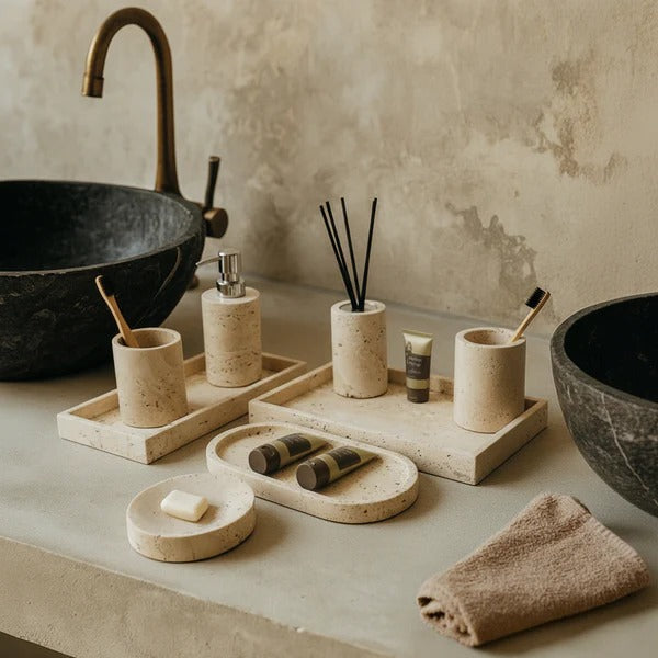 8-piece yellow travertine Ebarza bathroom set by BEACON, includes bath accessories, soap dish, and tumbler in a stylish design.