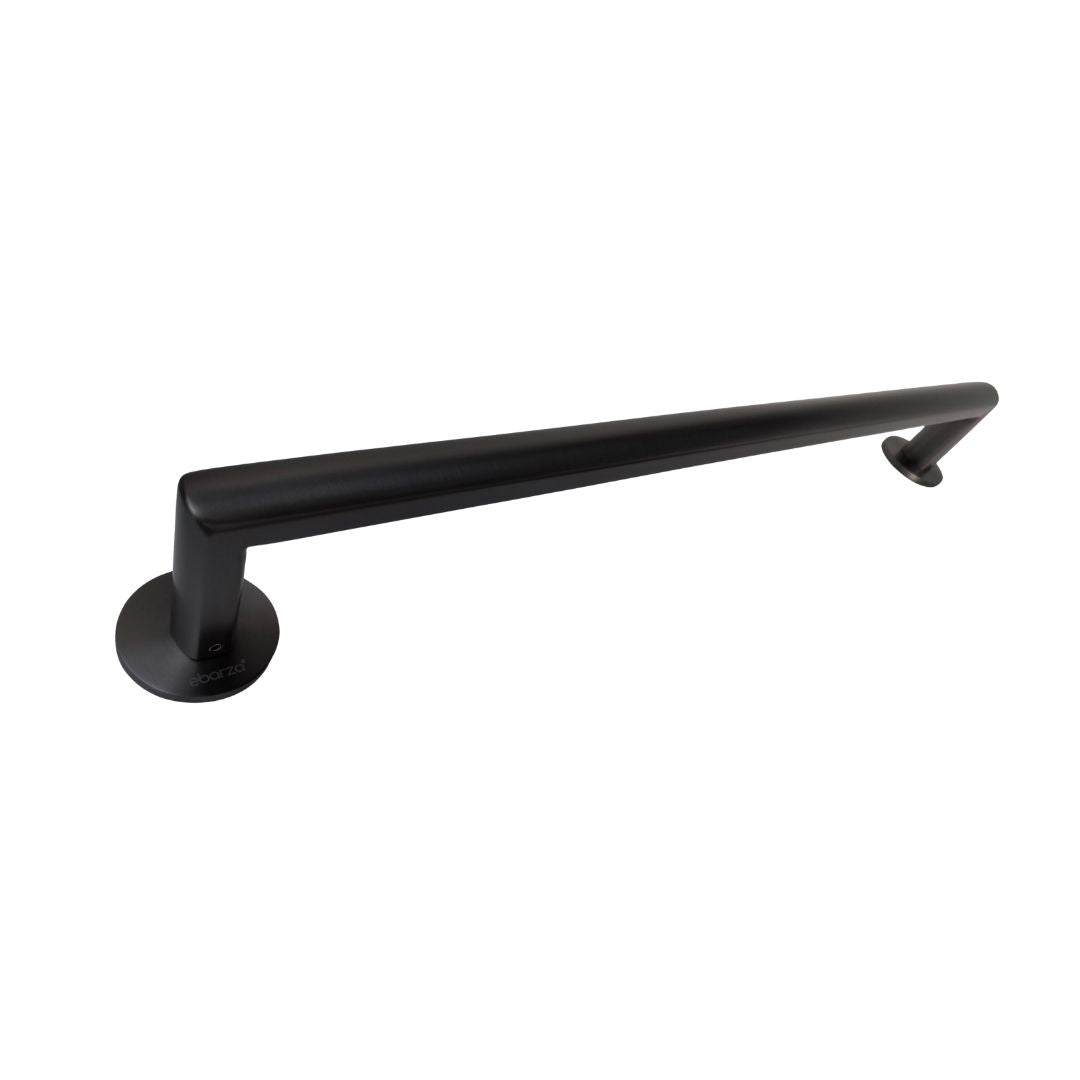 BEACON Calma single towel bar, sleek bathroom towel hanger hook in polished chrome, mounted on wall with towels hanging.