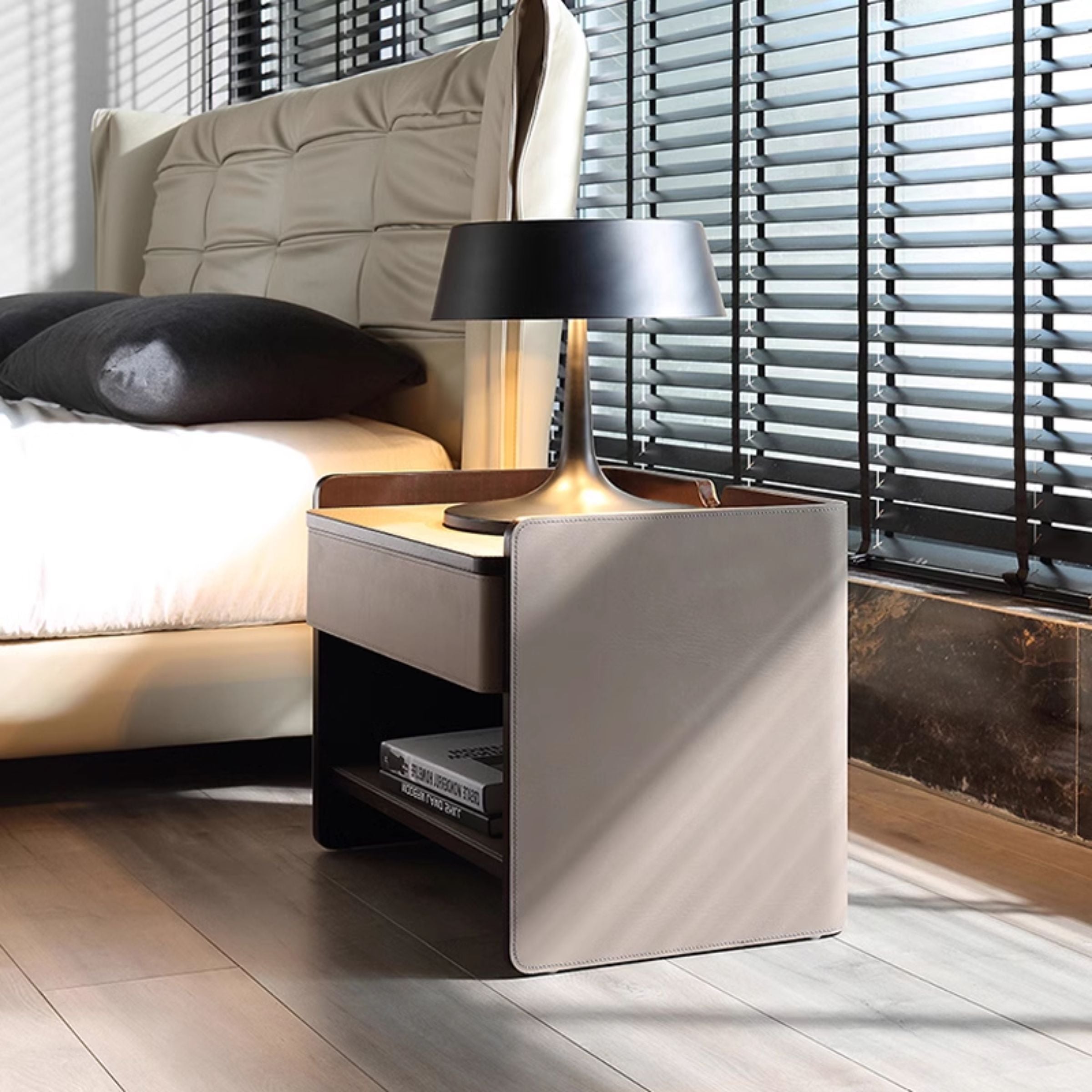 Mycroft Saddle Leather Bedside Table MLL-T37 -  Side Tables | طاولة سرير جانبية من الجلد من مايكروفت - ebarza Furniture UAE | Shop Modern Furniture in Abu Dhabi & Dubai - مفروشات ايبازرا في الامارات | تسوق اثاث عصري وديكورات مميزة في دبي وابوظبي