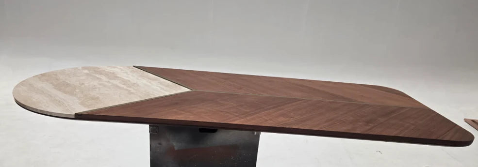 Display image of an AS IS wagon-style dining table by ORIX, featuring a rustic wooden surface and sturdy legs.