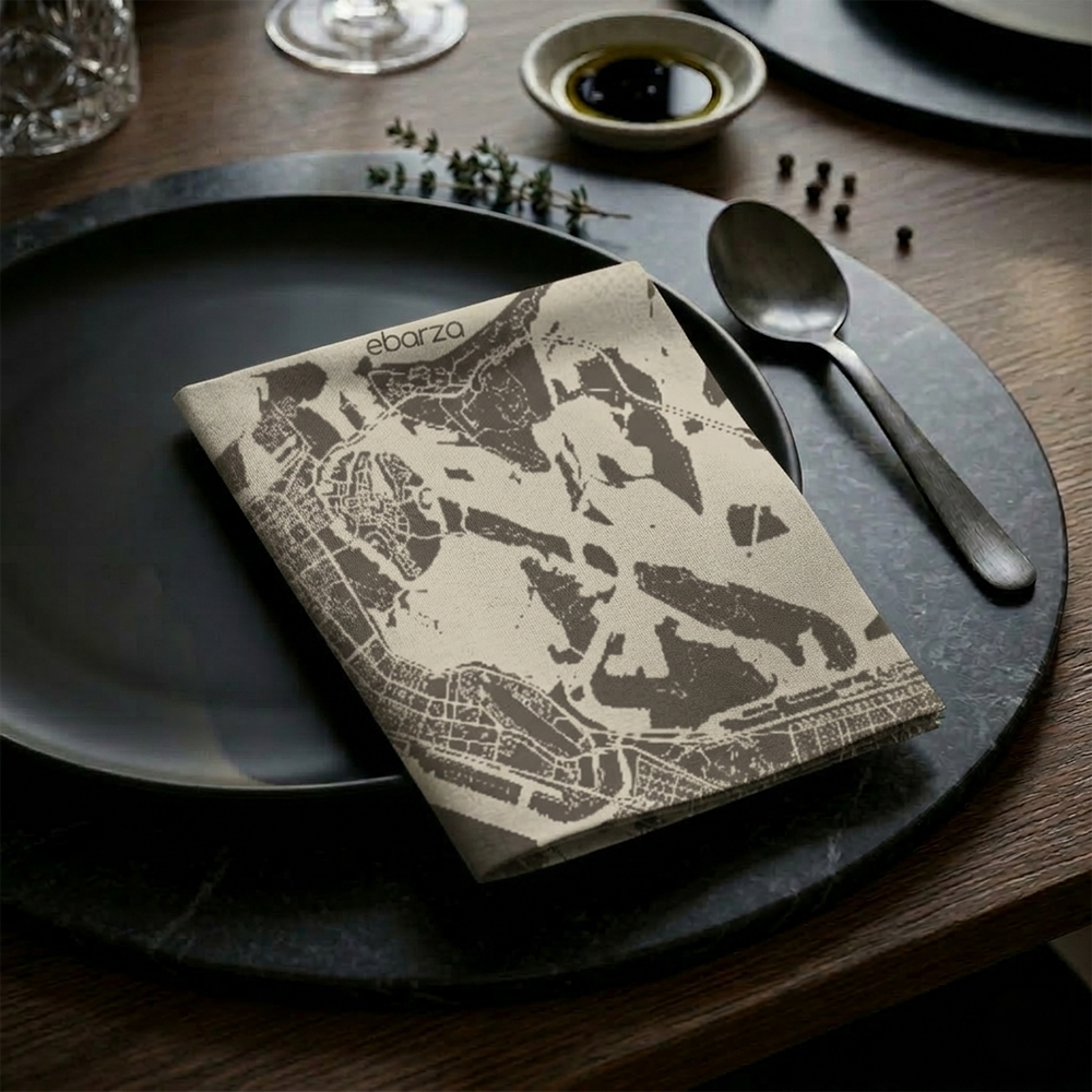 Abu Dhabi map printed paper napkin with detailed city illustration, branded DNFDG-22353, suitable for events or dining.