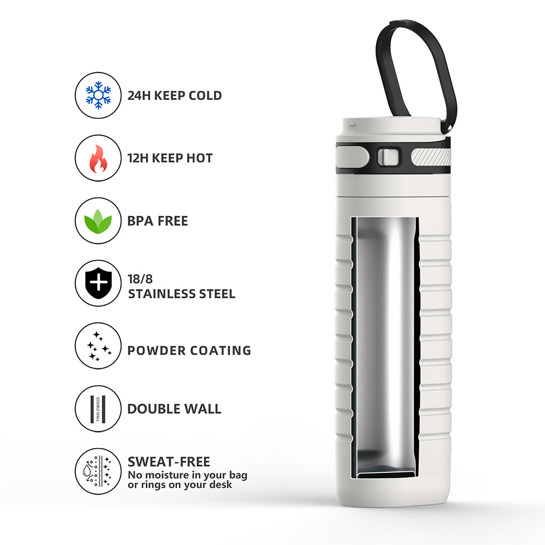 White 380ml Alhayat drinkware bottle by BEACON, with a sleek design and secure lid for everyday hydration.