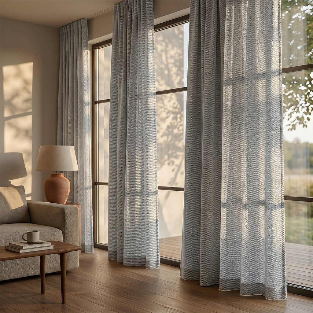 Beige polyester curtain fabric by BEACON, with a soft woven texture, ideal for drapes and curtains in home decor.