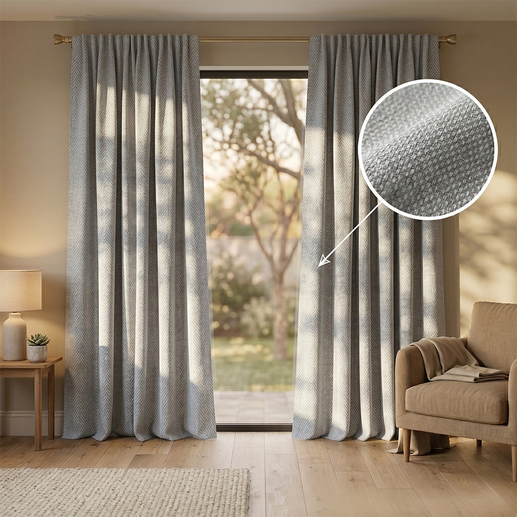 Beige polyester curtain fabric from Anvil, designed for curtains and drapes by BEACON, with a smooth, woven texture.