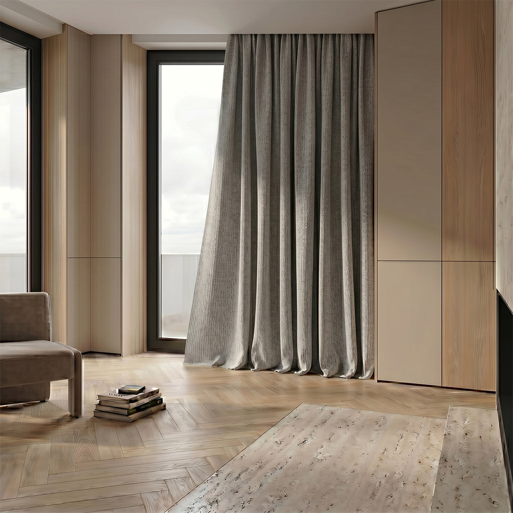 Beige Anvil polyester curtain fabric from BEACON, showing a close-up of the textured drape material for curtains and window treatments.