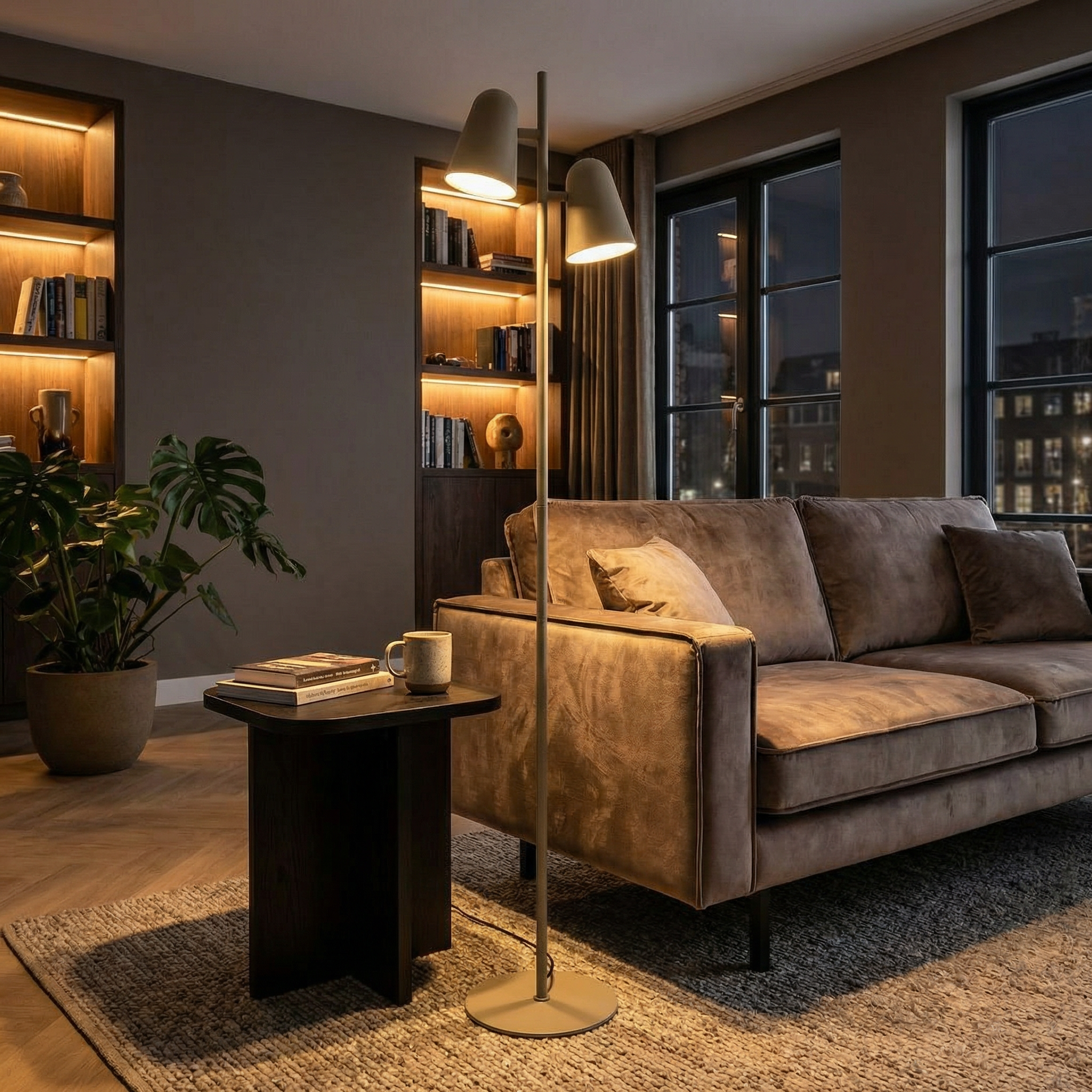 BEACON Arbor floor lamp with a sleek modern design, featuring a tall stand and a stylish lampshade for living room lighting.