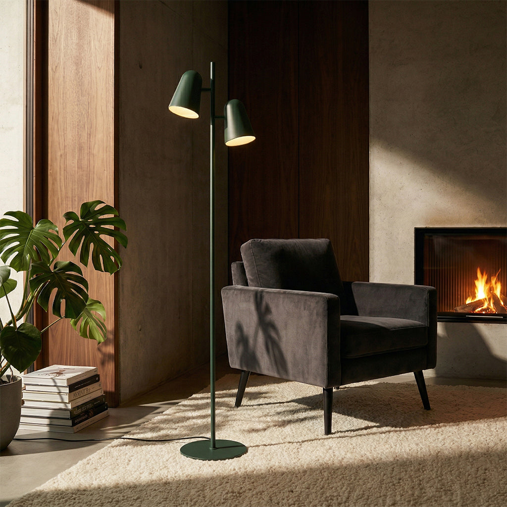 BEACON Arbor floor lamp with a modern design featuring a tall standing structure and a sleek, curved shade.