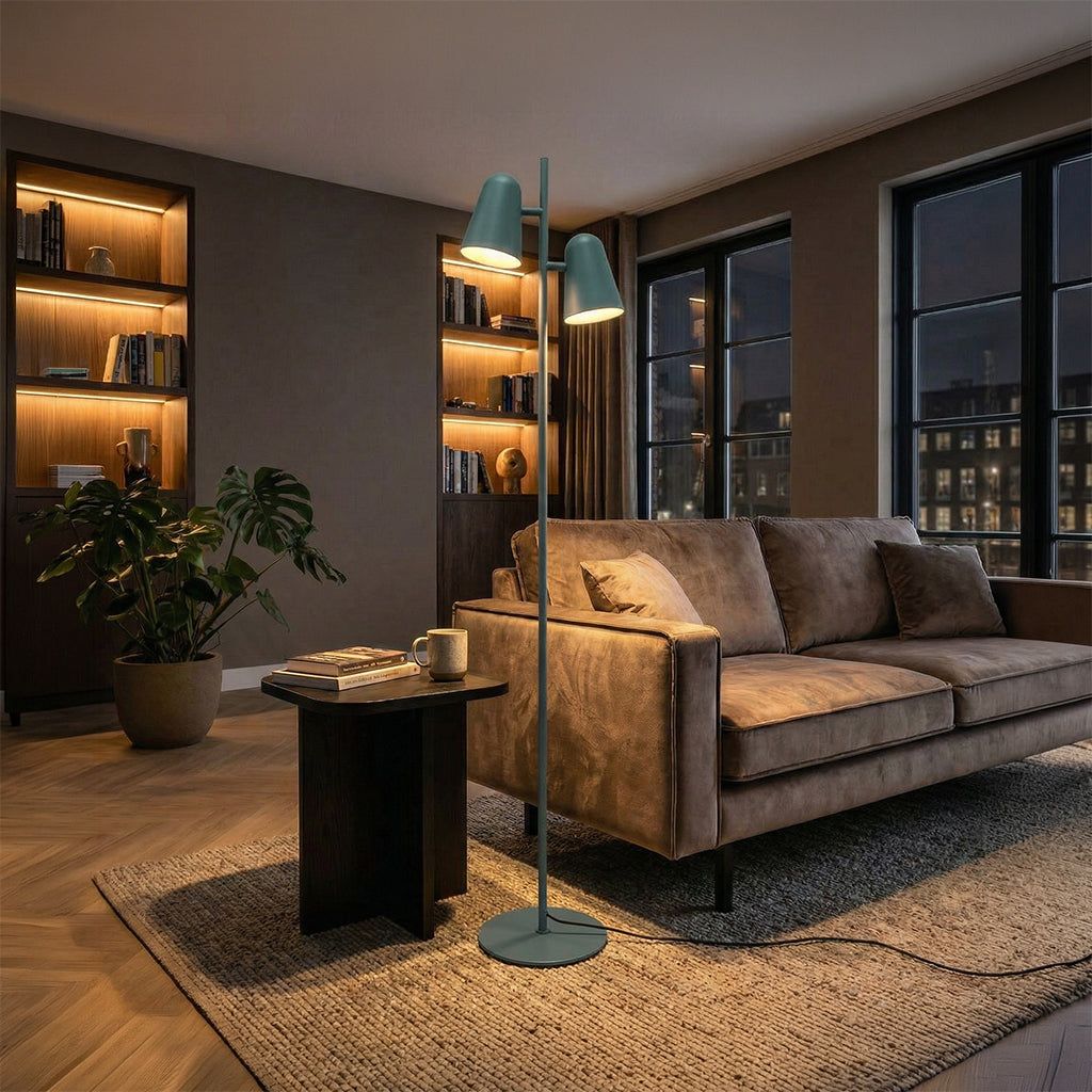BEACON Arbor floor lamp with a sleek modern design, featuring a tall metal stand and a fabric lampshade.