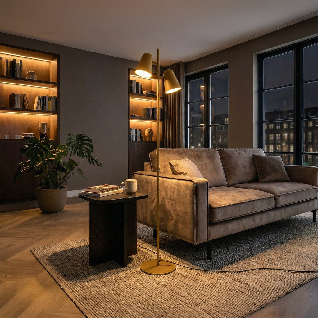 BEACON Arbor floor lamp with a sleek design, featuring a tall stand and a modern lampshade for stylish home lighting.