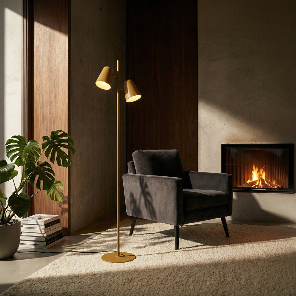 BEACON Arbor floor lamp with a sleek modern design, featuring a tall metal stand and a fabric lampshade.