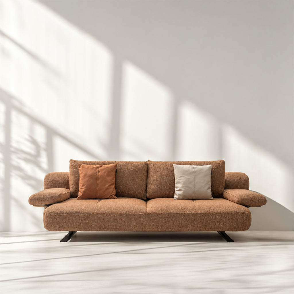 Edge caramel modern 3-seater sofa by HOMAGE KOLTUK featuring sleek design and plush cushions in a contemporary living space.