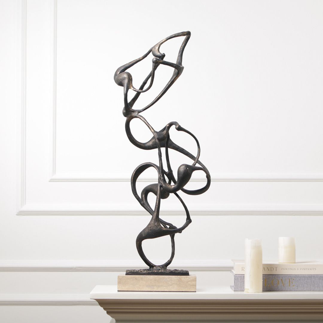Balanced Molecule Sculpture BEACON home decor figurine with intricate metal design and balanced structure on a wooden base.